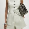 Cream Faux Leather Tailored Pleated Shorts