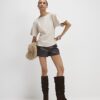 Cream Faux Suede Short Sleeve Ruched Side Top