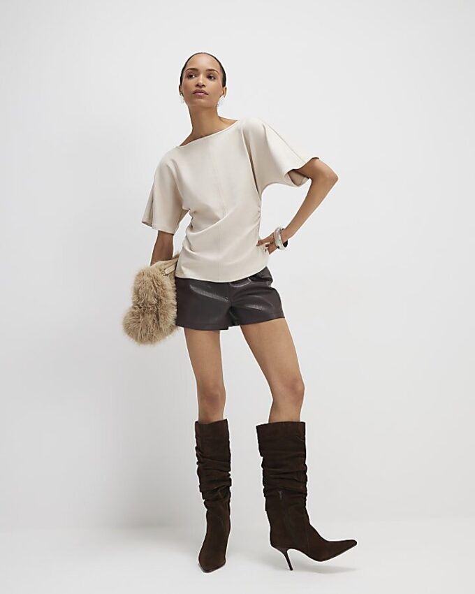 Cream Faux Suede Short Sleeve Ruched Side Top