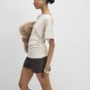 Cream Faux Suede Short Sleeve Ruched Side Top