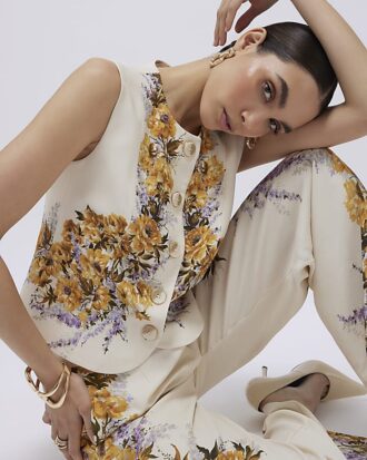 Cream Floral Fitted Waistcoat