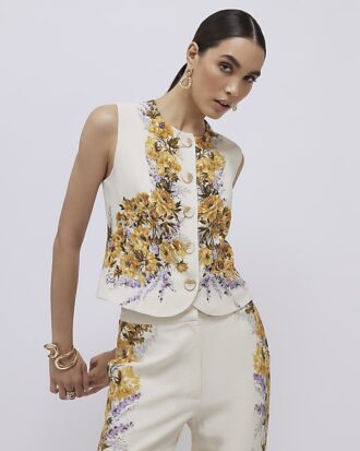 Cream Floral Fitted Waistcoat