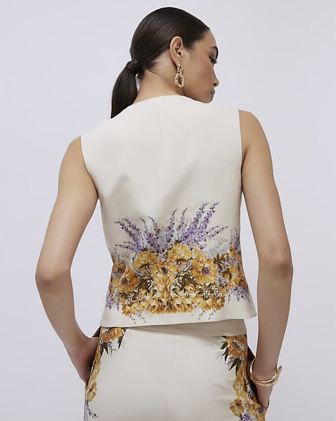 Cream Floral Fitted Waistcoat