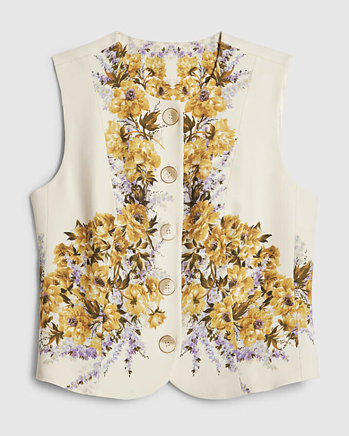 Cream Floral Fitted Waistcoat