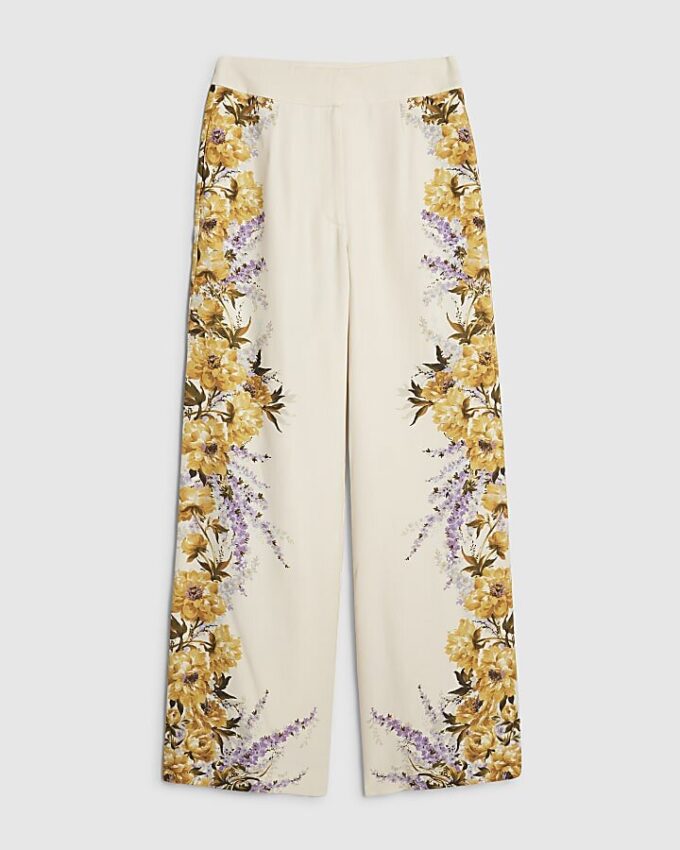 Cream Floral Flared Trousers