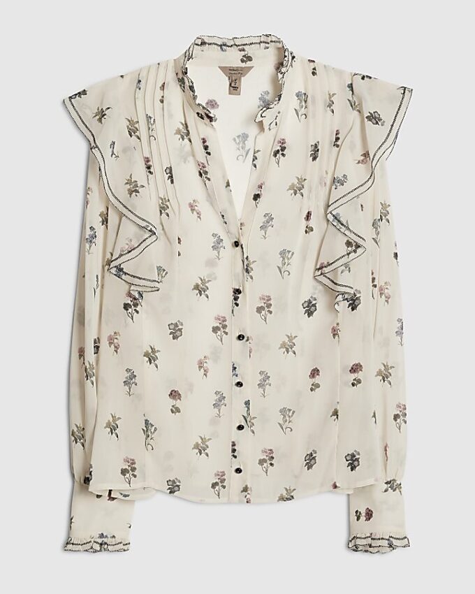 Cream Floral Ruffle Detail Blouse
