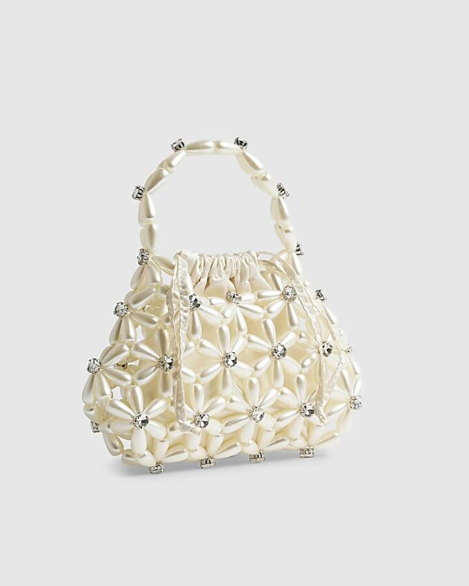 Cream Flower Pearl Beaded Grab Bag
