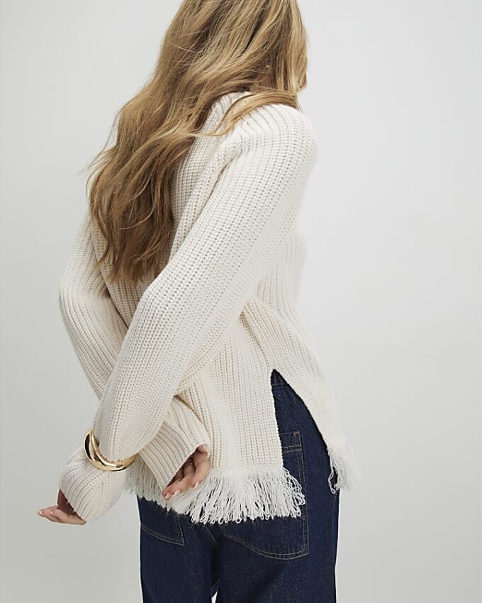 Cream Fringe Hem Rib Jumper