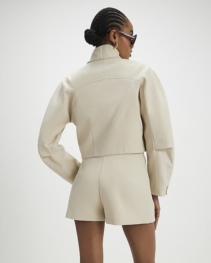 Cream Herringbone Button Detail Wrap Skort