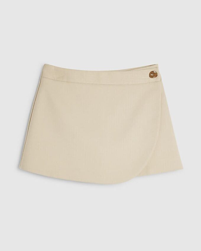 Cream Herringbone Button Detail Wrap Skort