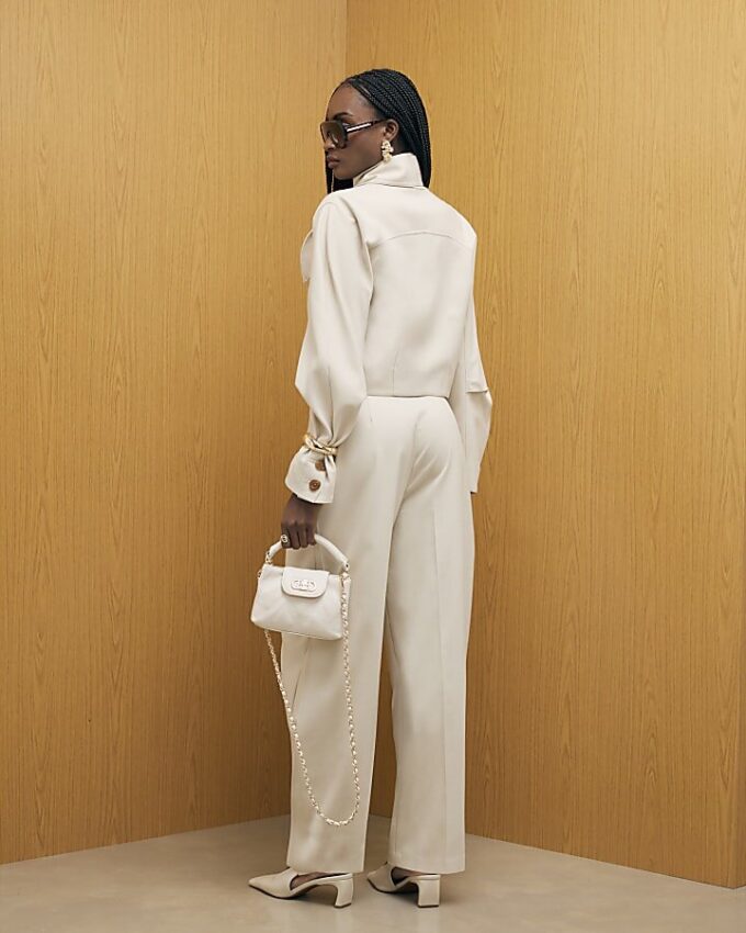 Cream Herringbone Tapered Trousers