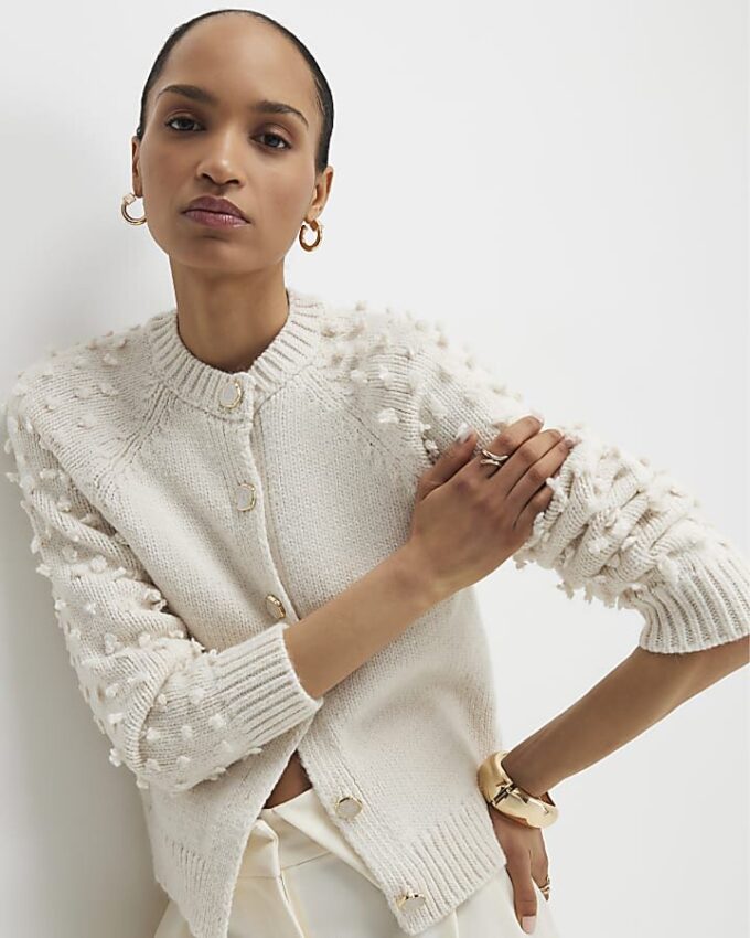 Cream Knitted Bobble Sleeve Cardigan