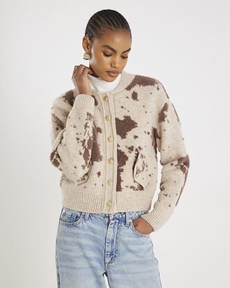 Cream Knitted Cow Print Cardigan