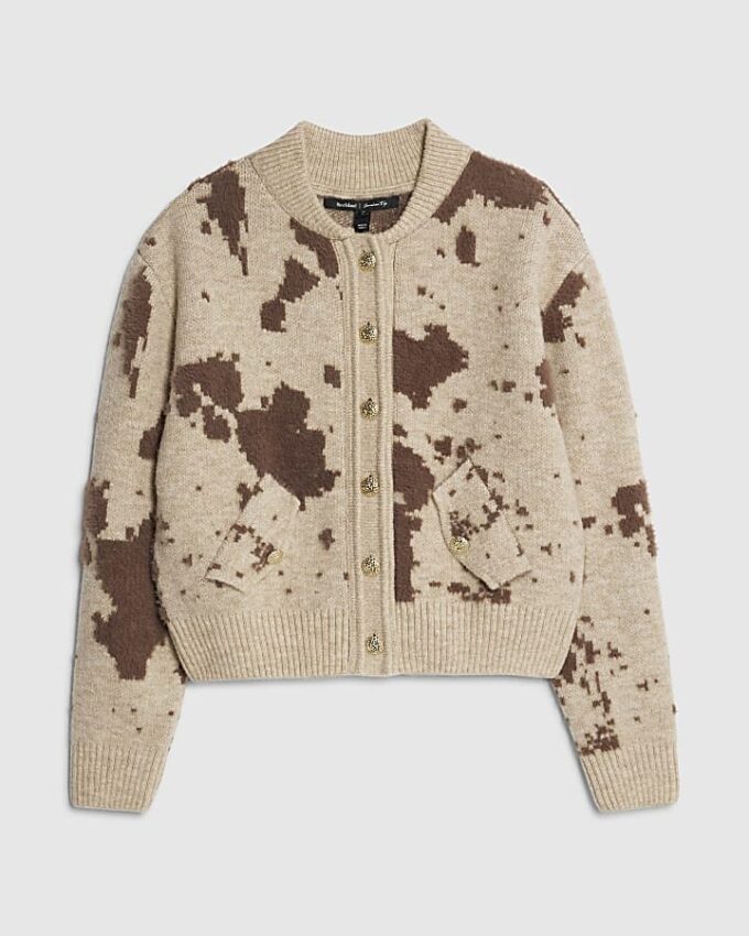 Cream Knitted Cow Print Cardigan