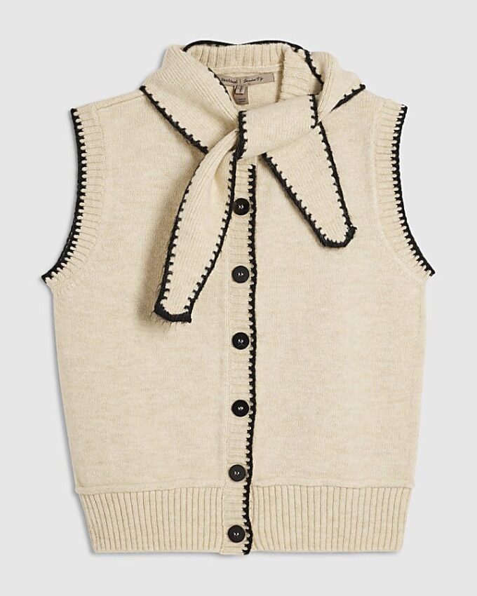 Cream Knitted Tie Neck Waistcoat