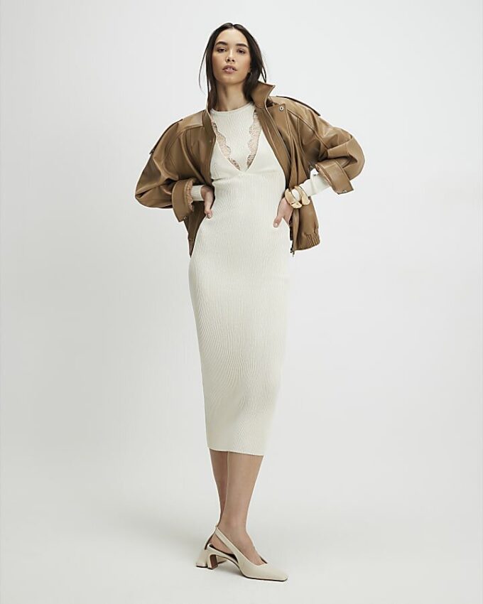 Cream Lace Insert Rib Midi Dress