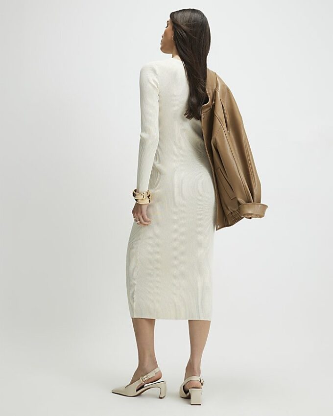 Cream Lace Insert Rib Midi Dress