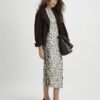 Cream Leopard Print Ribbed Midi Dress