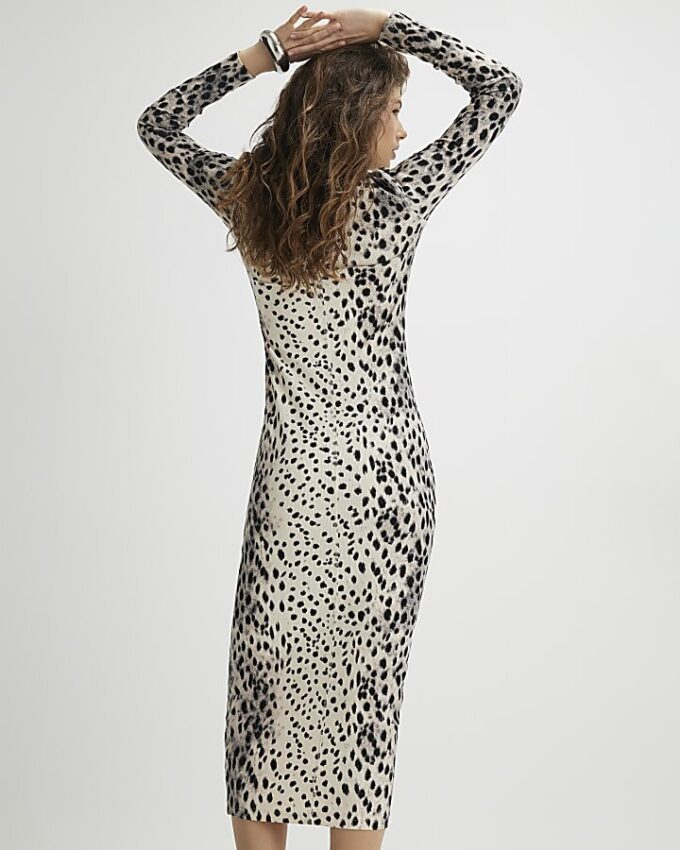 Cream Leopard Print Ribbed Midi Dress