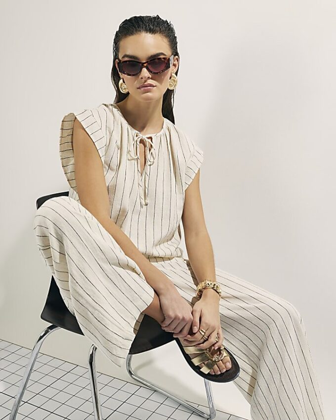 Cream Linen Blend Striped Trousers