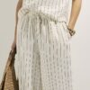 Cream Linen Blend Striped Trousers