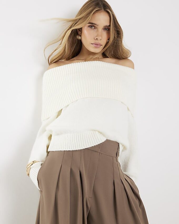 Cream Long Sleeve Bardot Jumper