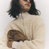 Cream Long Sleeve Borg Zip Up Sweatshirt