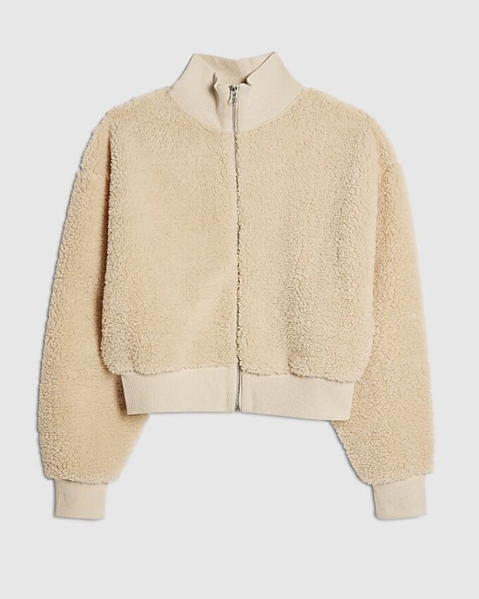 Cream Long Sleeve Borg Zip Up Sweatshirt