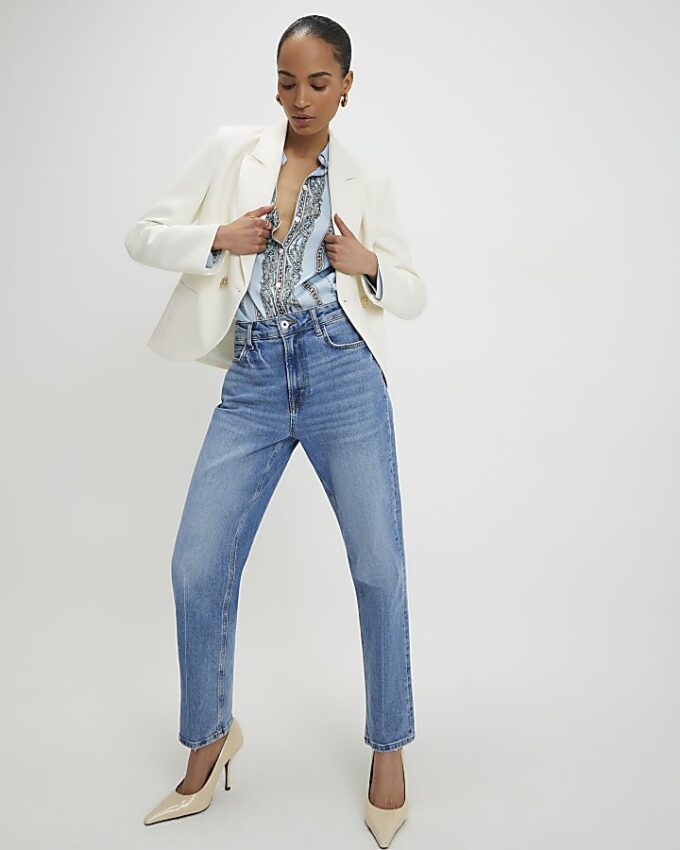 Cream Long Sleeve Double Breasted Blazer