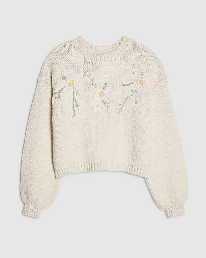 Cream Long Sleeve Embroidered Flower Jumper