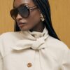 Cream Long Sleeve Herringbone Tie Neck Jacket