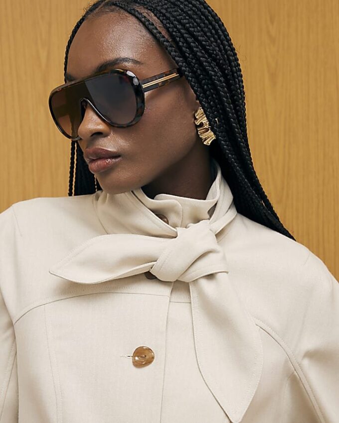 Cream Long Sleeve Herringbone Tie Neck Jacket
