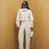 Cream Long Sleeve Herringbone Tie Neck Jacket