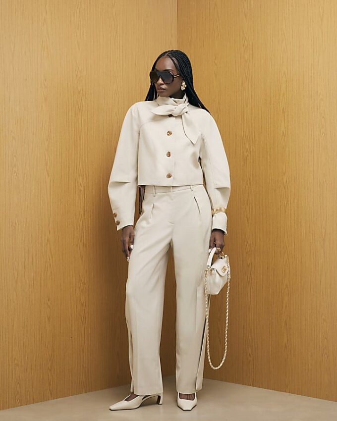 Cream Long Sleeve Herringbone Tie Neck Jacket