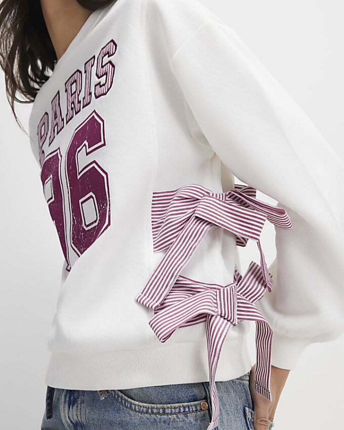 Cream Long Sleeve Paris Bow Sweatshirt
