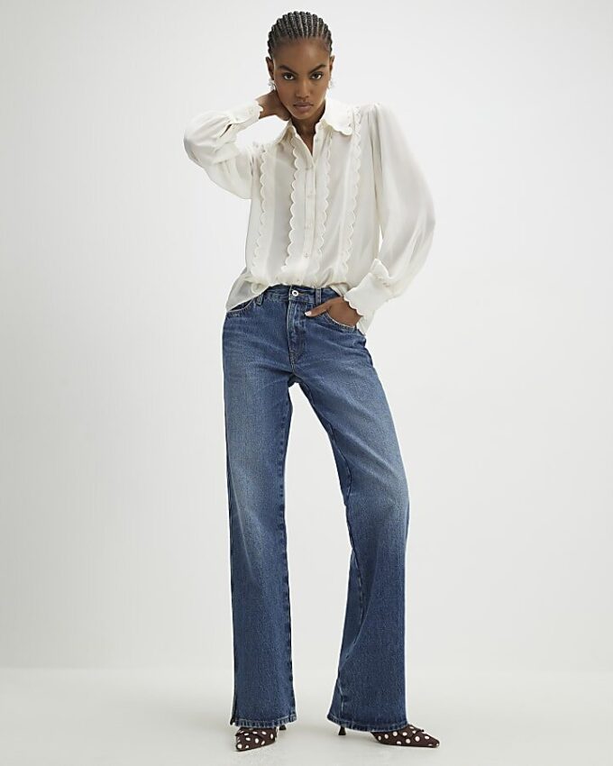 Cream Long Sleeve Scallop Trim Shirt