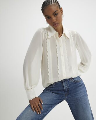 Cream Long Sleeve Scallop Trim Shirt Cream Long Sleeve Scallop Trim Shirt