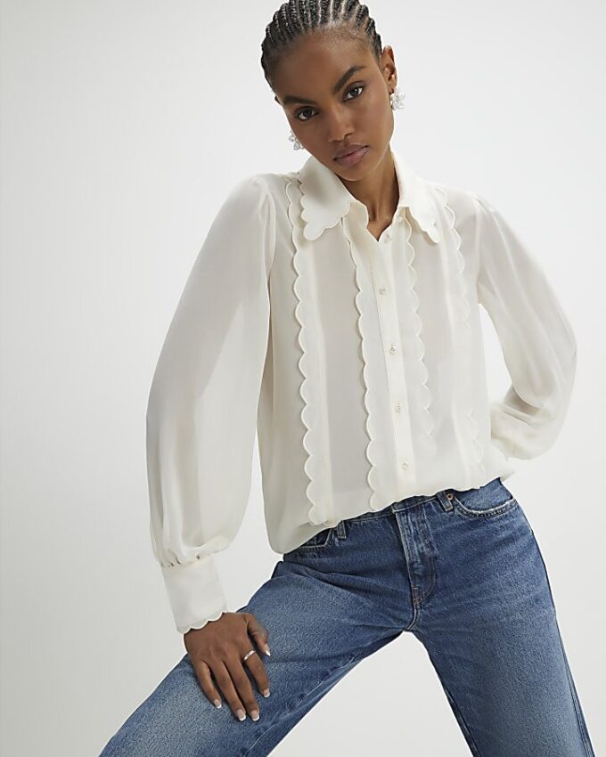 Cream Long Sleeve Scallop Trim Shirt