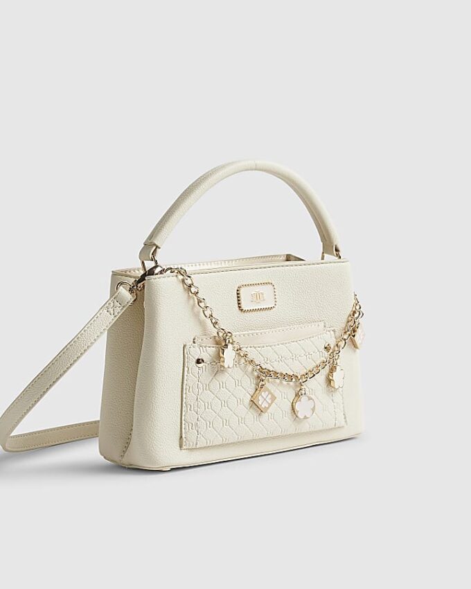 Cream Monogram Pocket Front Charmed Tote Bag