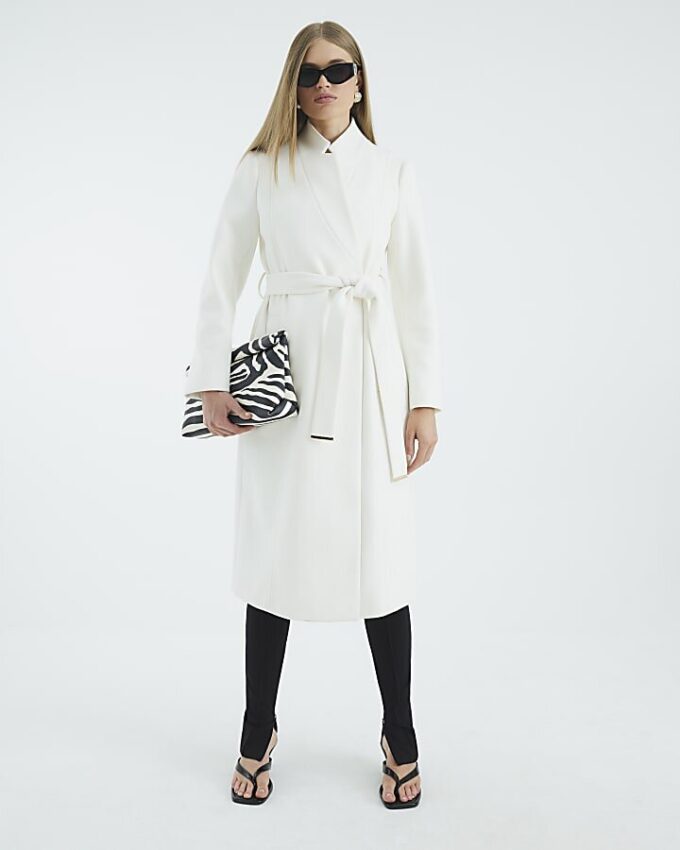 Cream Notch Collar Belted Wrap Coat