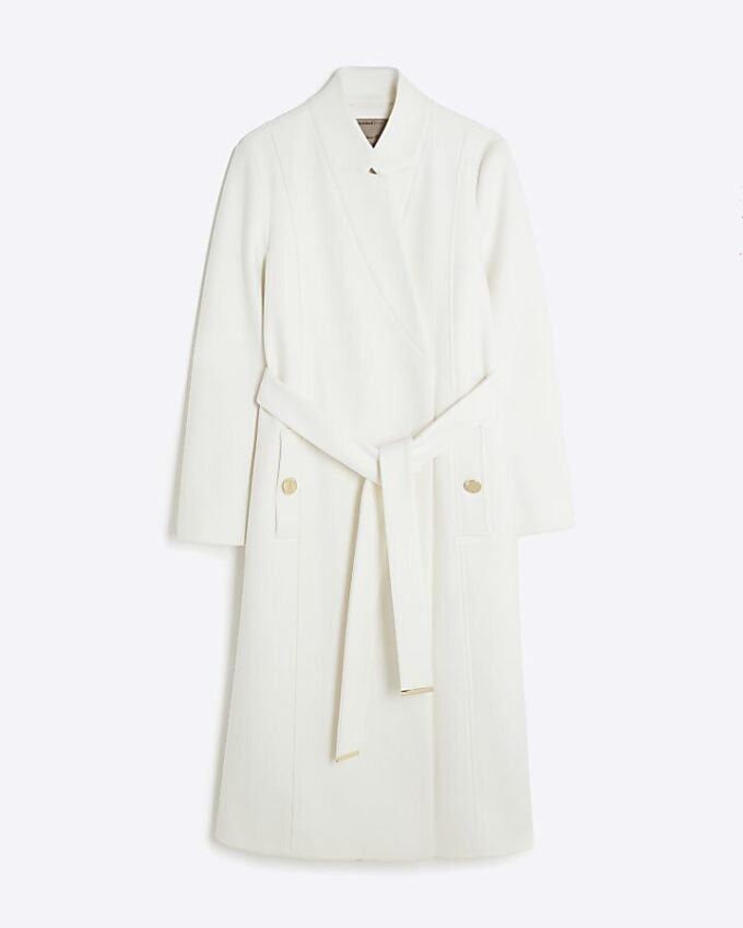 Cream Notch Collar Belted Wrap Coat