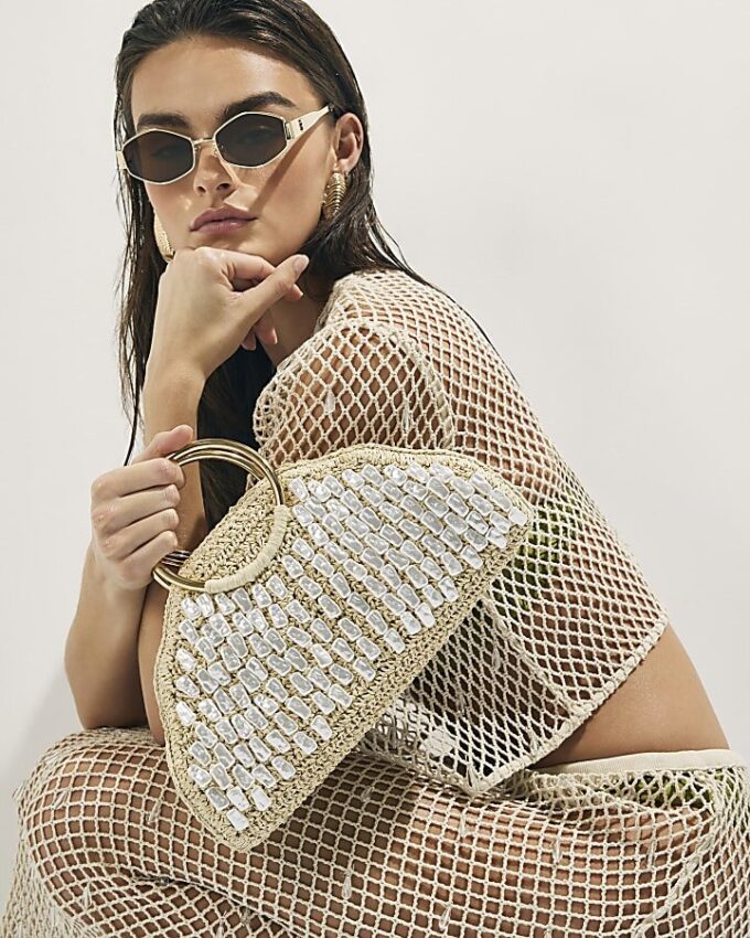 Cream Pearl Raffia Handle Grab Bag