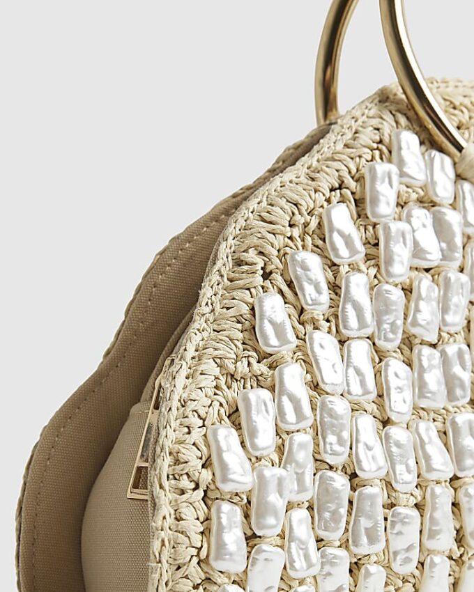Cream Pearl Raffia Handle Grab Bag
