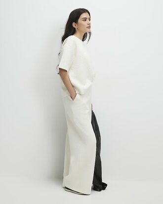 Cream Petite Jacquard Wide Trouser