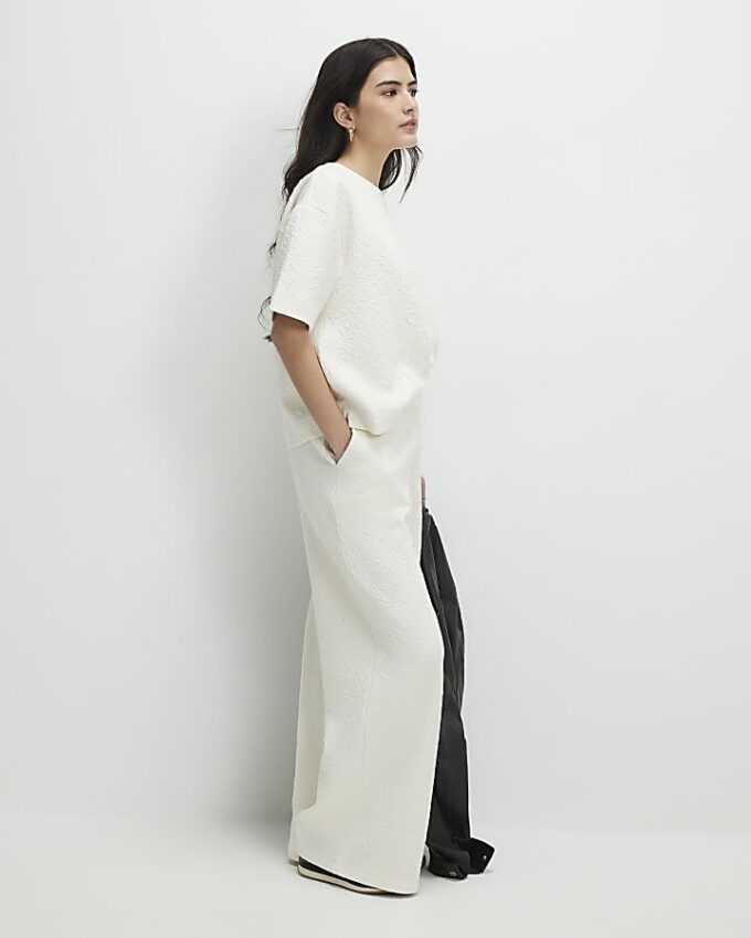 Cream Petite Jacquard Wide Trouser