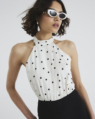 Cream Polka Dot Halter Neck Jumpsuit