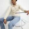 Cream Polo Embellished Button Top