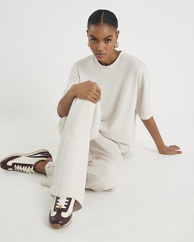 Cream Premium High Waisted Wide Leg Joggers