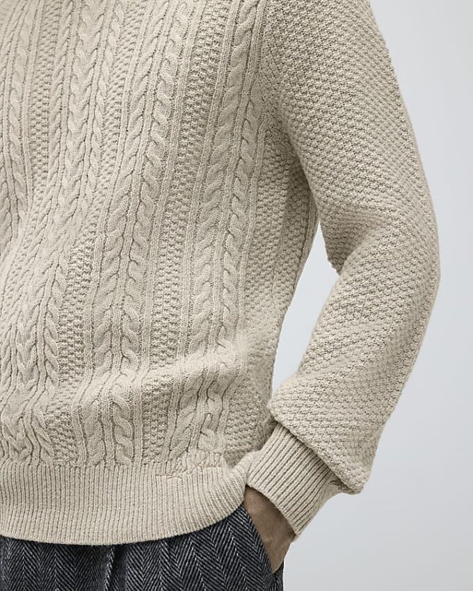 Cream Slim Fit Cable Knit Jumper