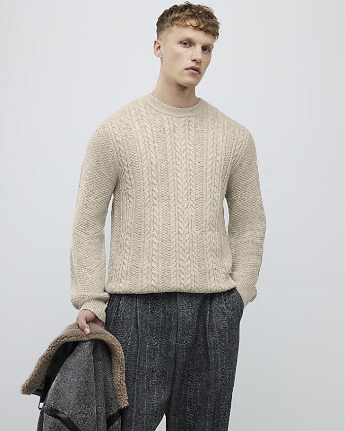 Cream Slim Fit Cable Knit Jumper